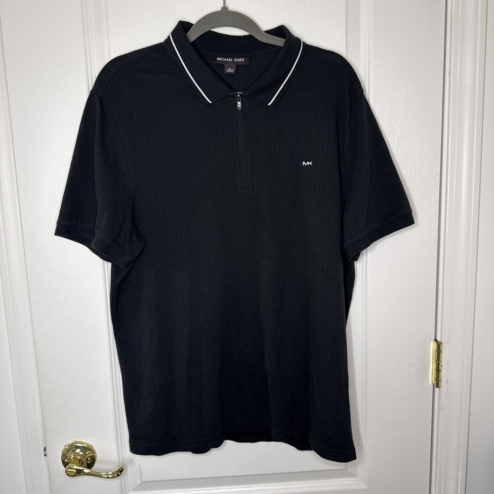 Michael Kors Men XL Black Quarter Zip Long Sleeve Polo MK Logo Tipped Collar